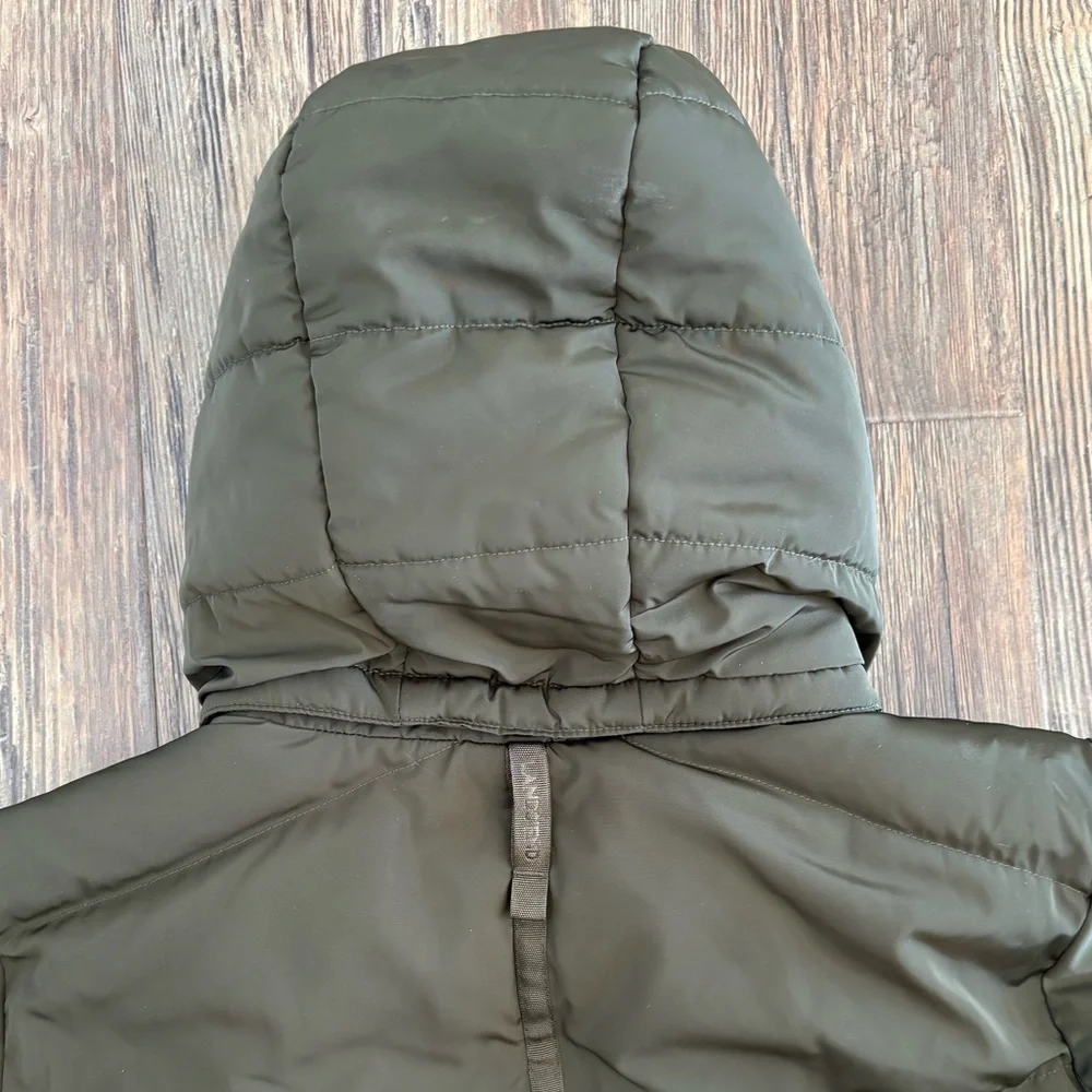 Lands’ End Hooded Quilted Down Puffer Jacket XL Olive Green 38” Long Two-Way Zip - Picture 14 of 14
